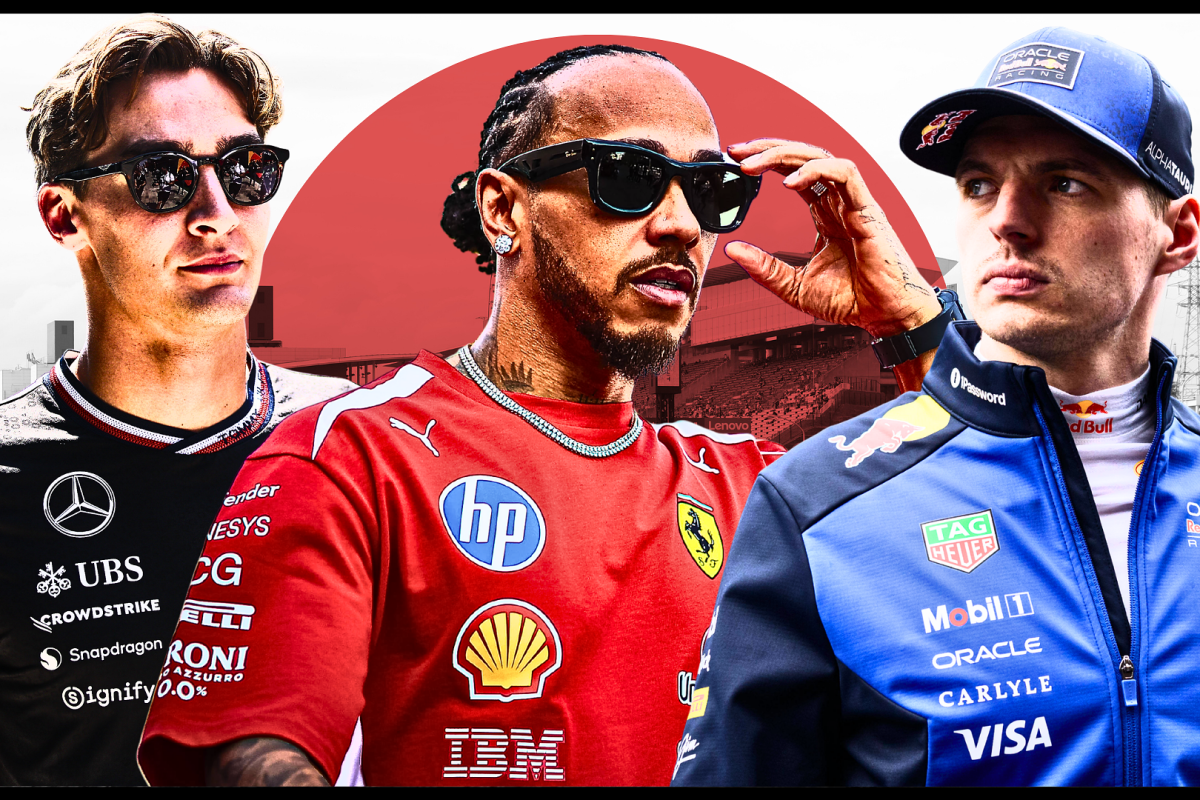 Russell, Hamilton and Verstappen in respective F1 kits in front of Japanese flag-themed background