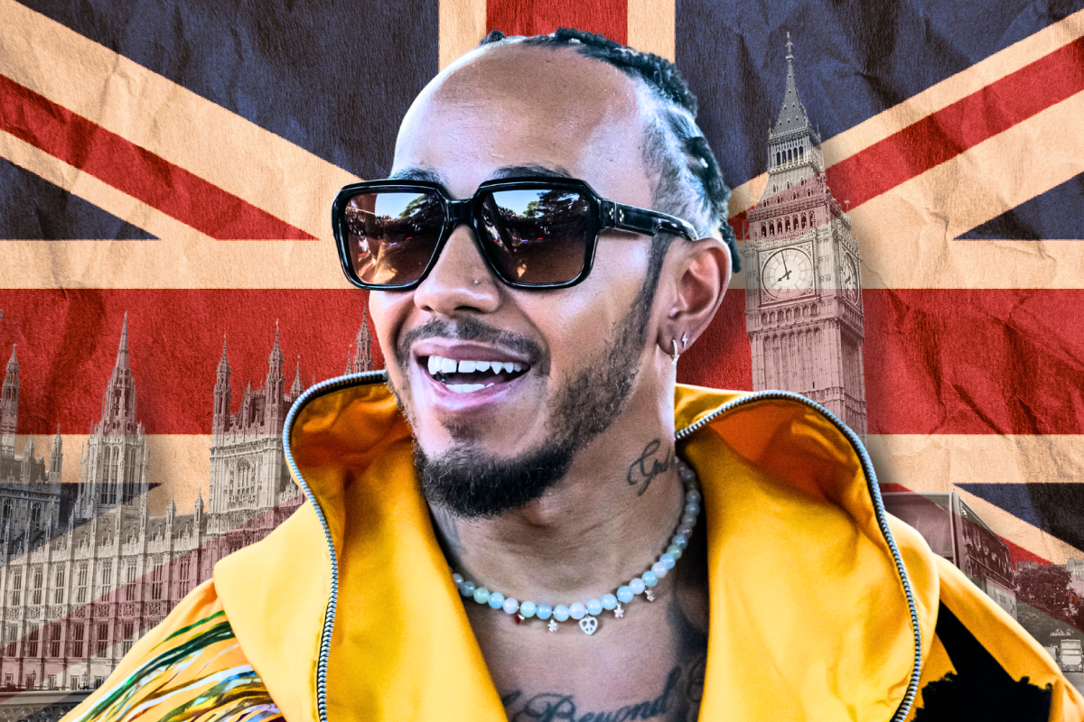 Hamilton smiling in yellow hoodie with union jack and London-themed background