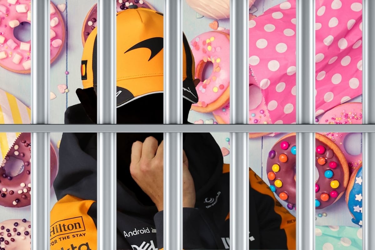 An edit of Lando Norris' silhouette with his features removed behind prison bars amid a background of vibrantly iced donuts 