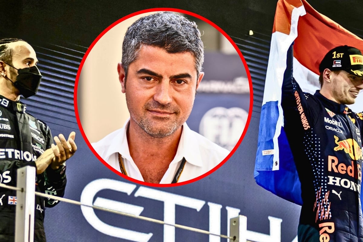 Michael Masi (inset) watches on as Max Verstappen celebrates his F1 title in 2021