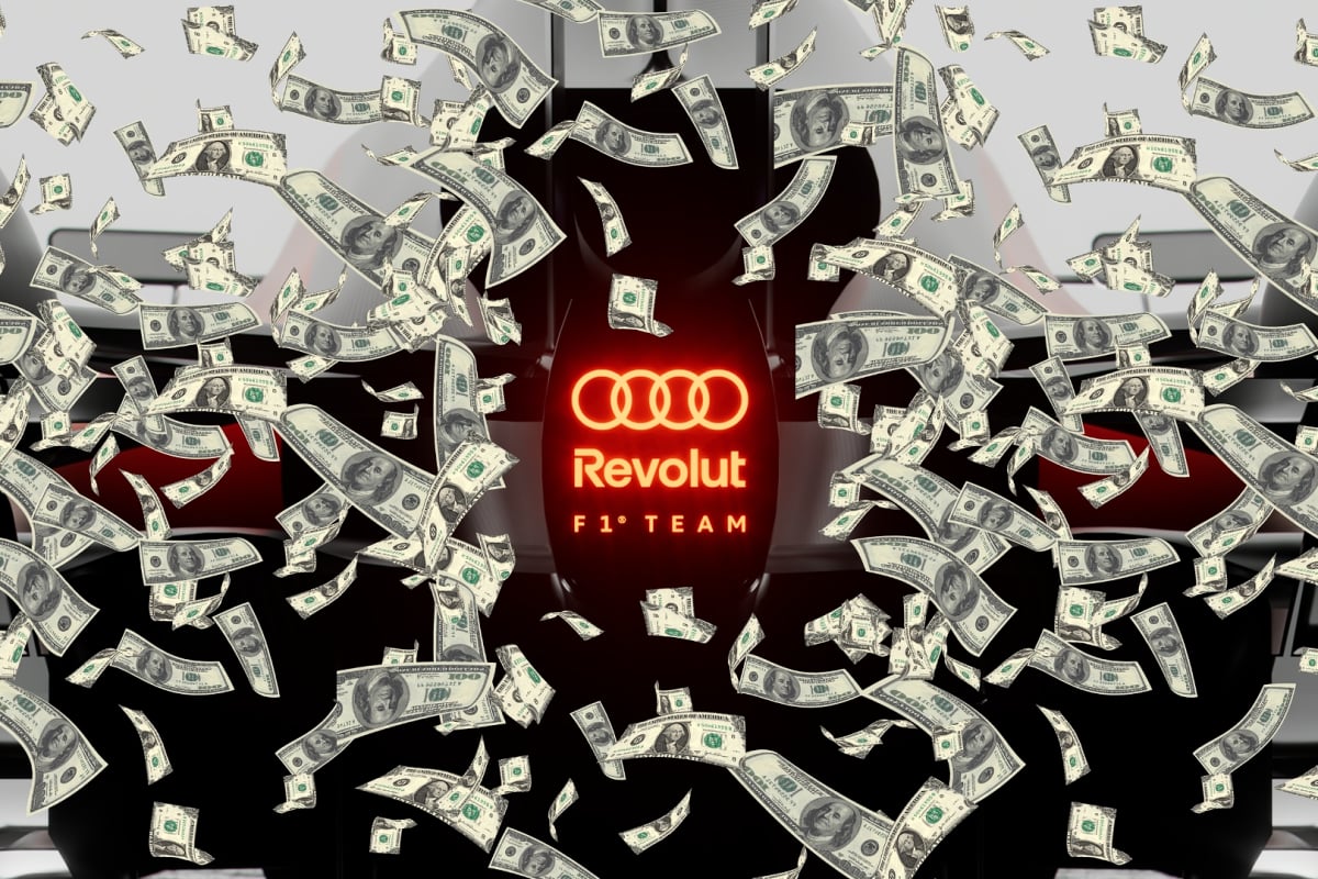 An Audi F1 logo is shown surrounded by dollar bills