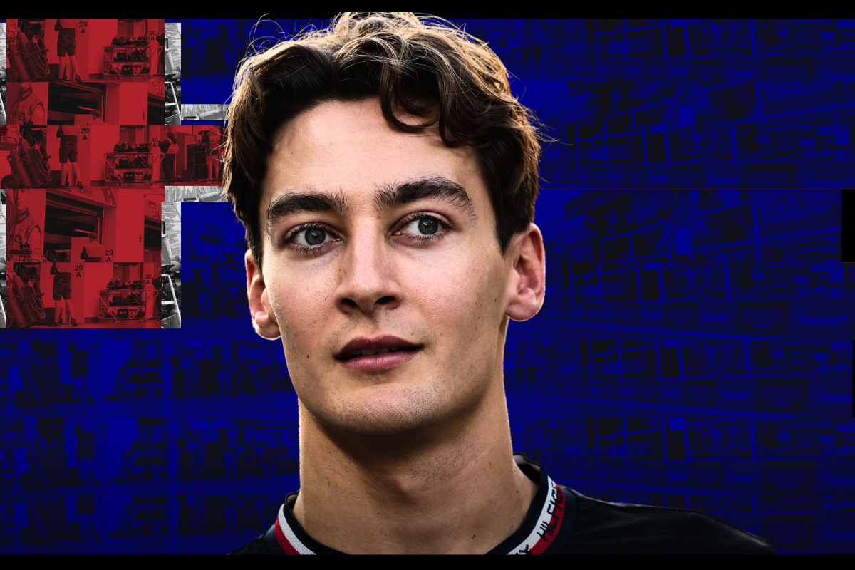 George Russell in front of the Australian flag