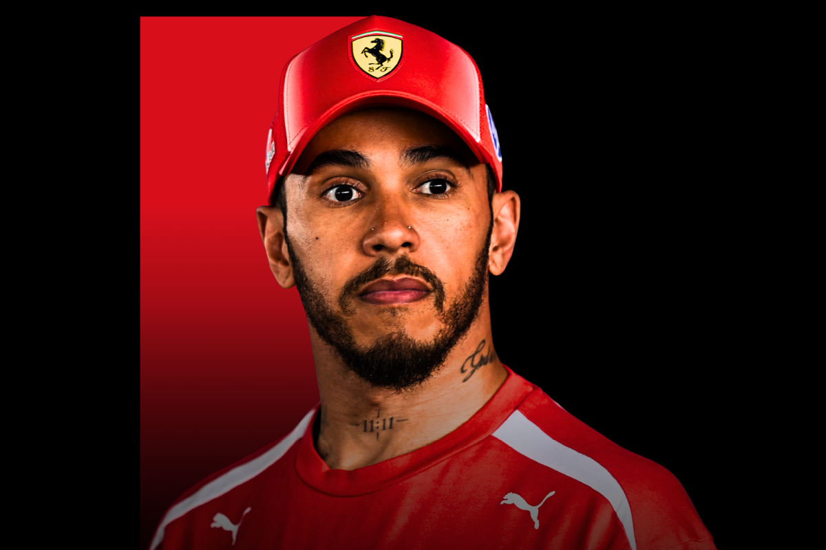 An edit of a picture of Lewis Hamilton looking surprised 