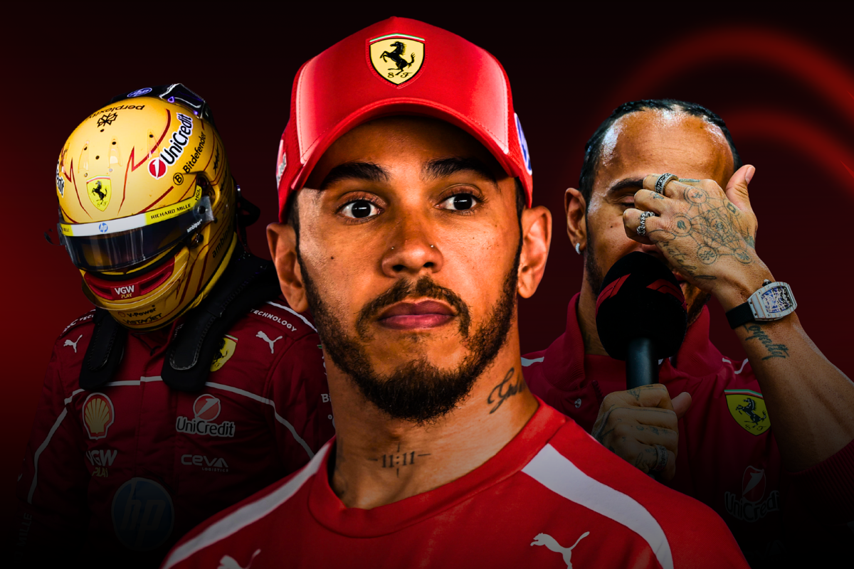 Three headshots of Hamilton, far-left image with helmet on, central image looking serious, right-hand image head in hands with red and black ombre background