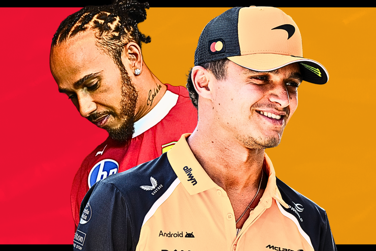 Lewis Hamilton looks deflated while Lando Norris looks smug