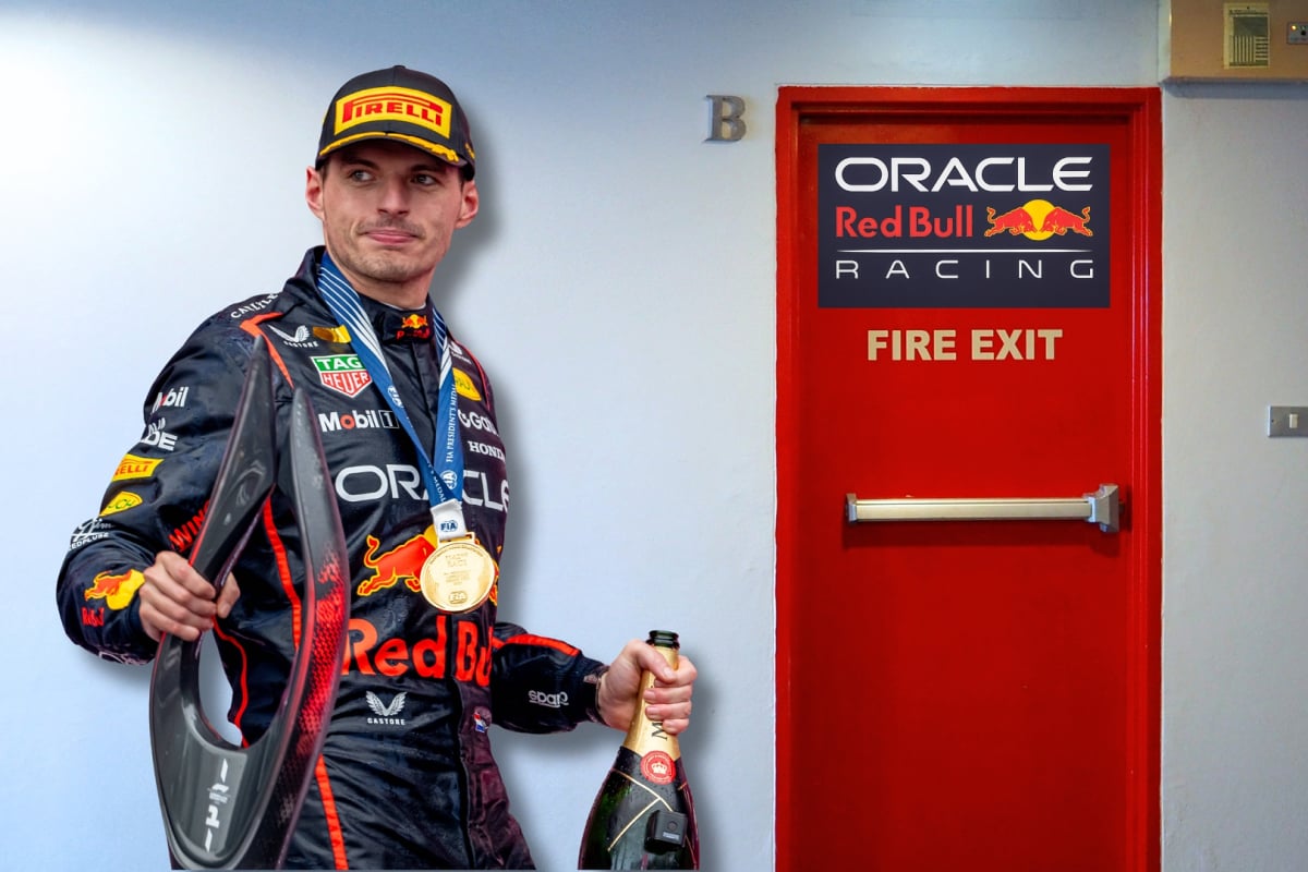 Max Verstappen heads for a fire exit with a Red Bull logo in a fictional picture