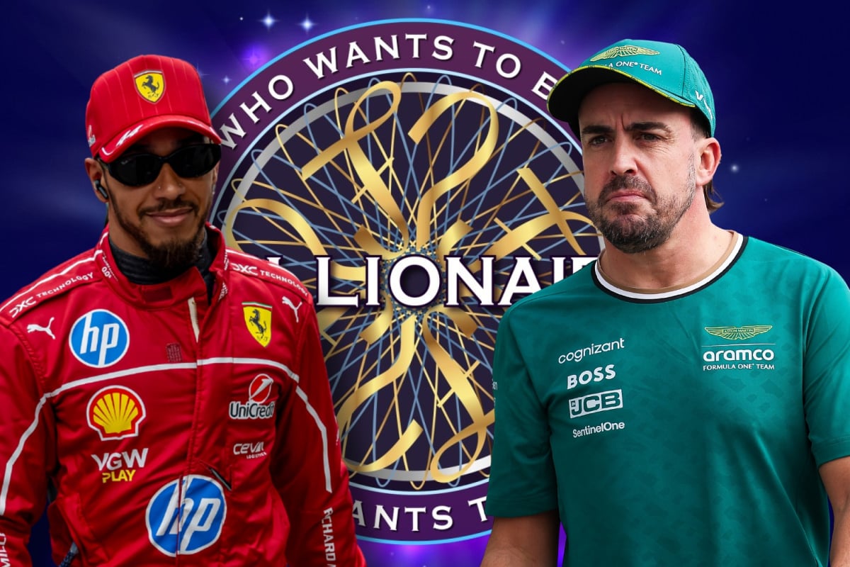 Lewis Hamilton and Fernando Alonso stand next to 'Who Wants to Be a Millionaire?' logo