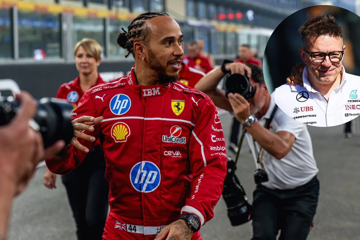 Hamilton being photographed in Ferrari red on F1 grid looking at circular inset image of Bonnington in Mercedes gear