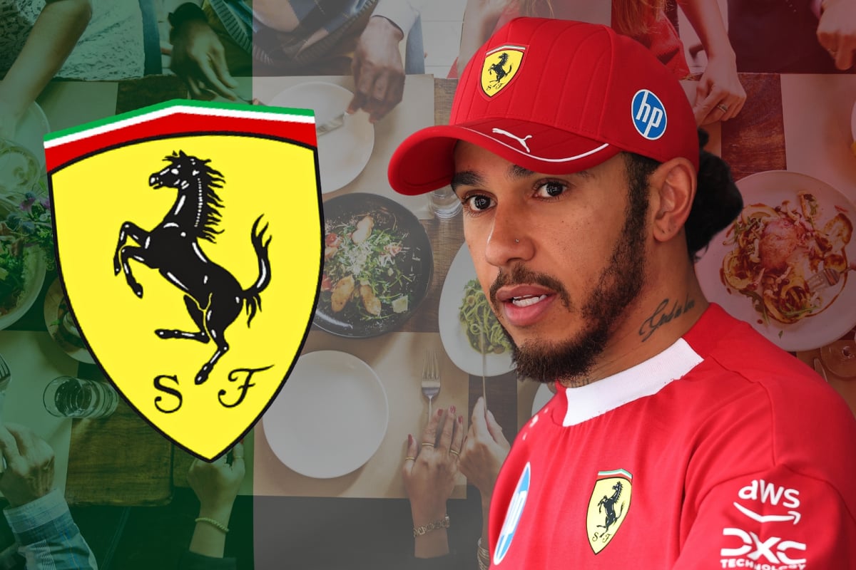 Lewis Hamilton is pictured with a Ferrari logo with a background of a dinner table in Italian flag colours