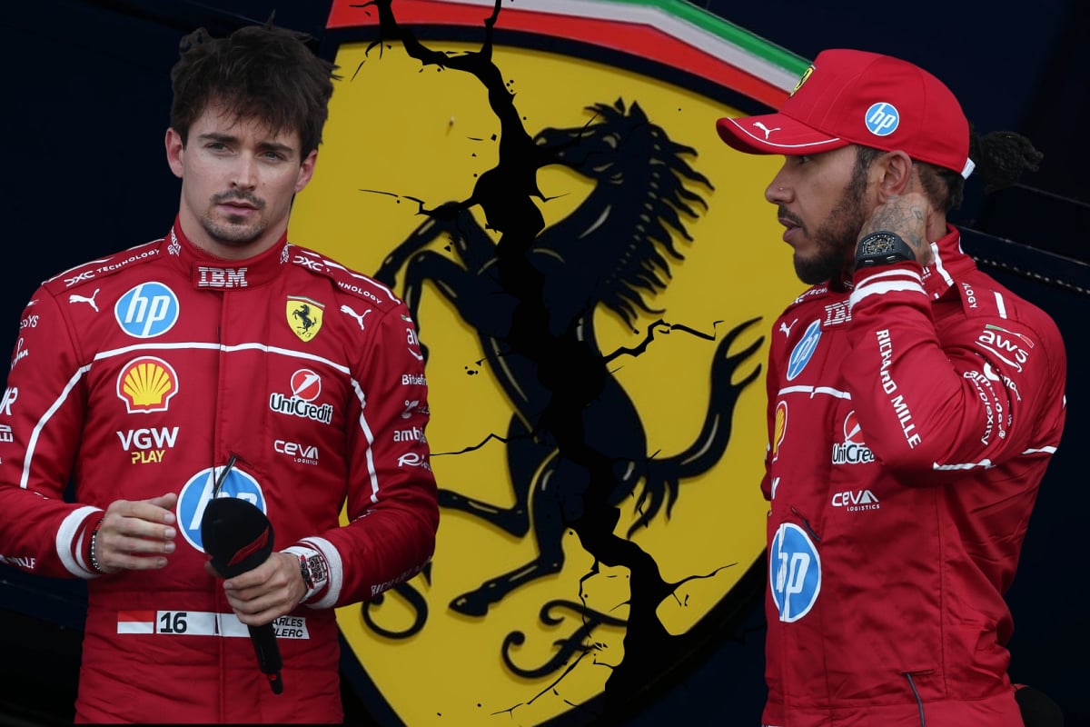 Charles Leclerc and Lewis Hamilton stand in front of an edited cracked Ferrari badge
