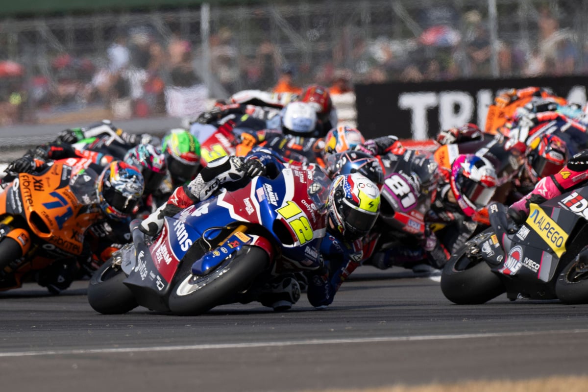 Filip Salac (12) battles rivals on track at Silverstone in a 2026 Moto2 race
