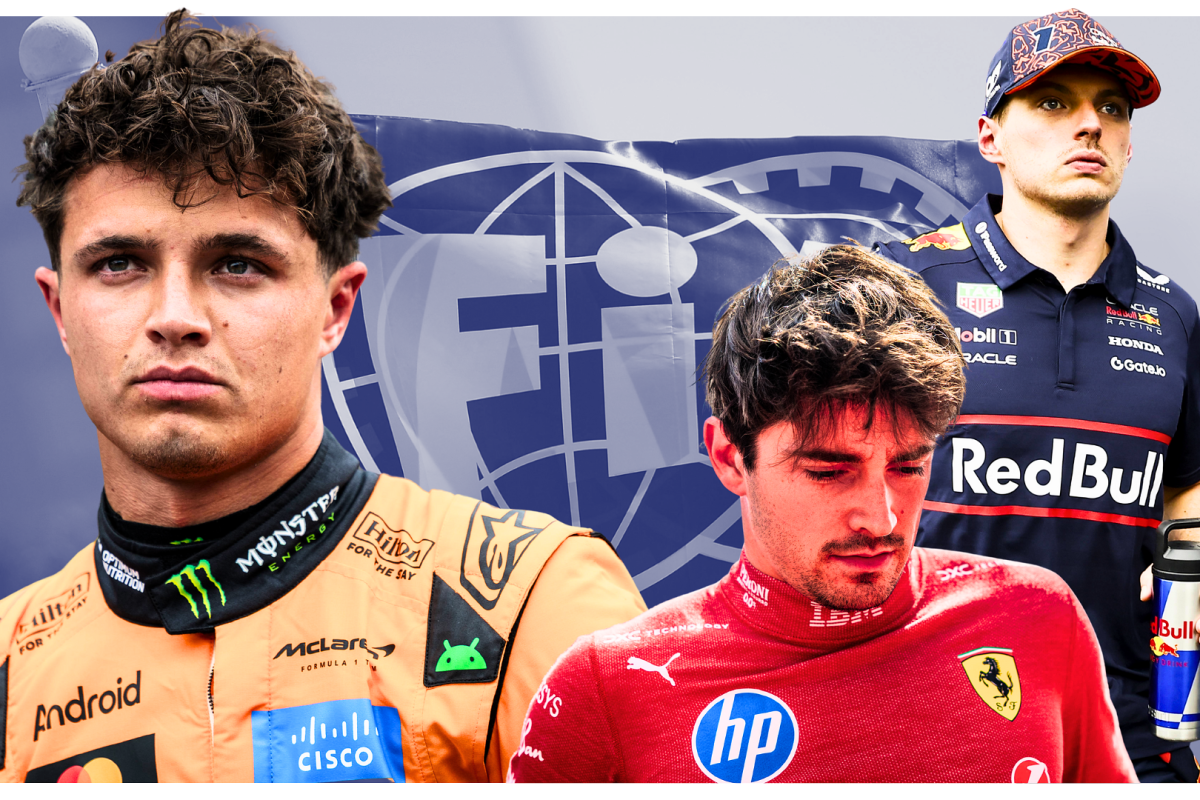 Max Verstappen, Charles Leclerc and Lando Norris look concerned in front of the FIA logo