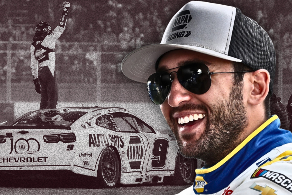 A composite image of NASCAR driver Chase Elliott winning the clash 