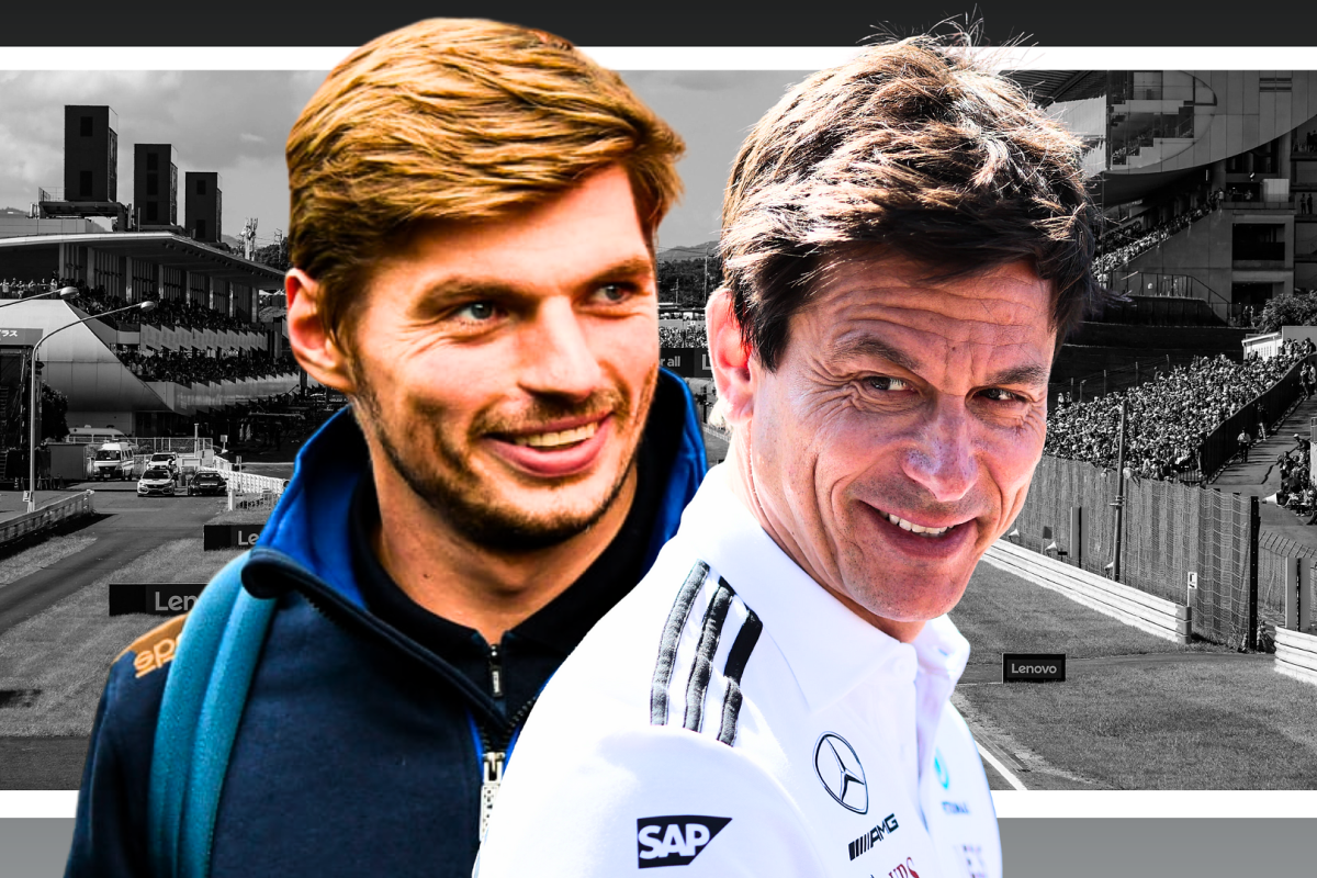 Max Verstappen looks at Toto Wolff in a composite picture