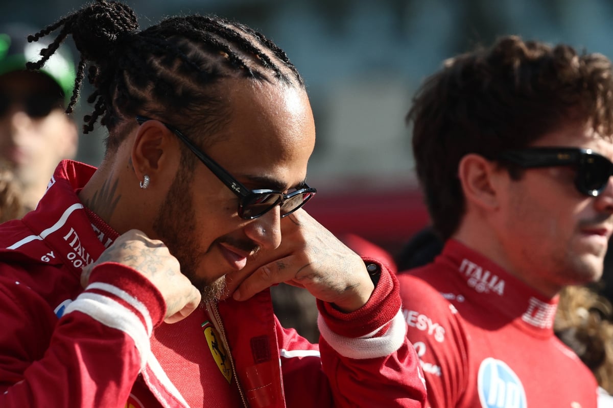 Hamilton smirking as Leclerc looks annoyed in the background on F1 grid