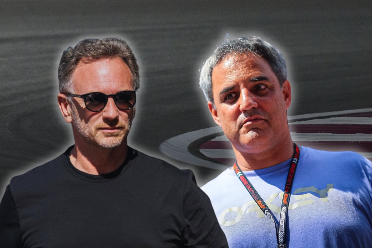 Horner in black t-shirt and sunglasses looking serious edited alongside headshot of Montoya in blue t-shirt looking scared with generic race circuit background