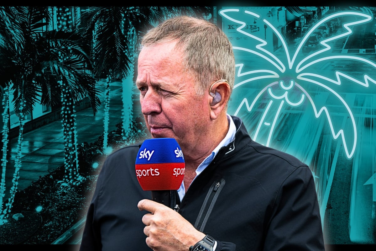 Brundle holding Sky Sports F1 mic with turquoise Miami GP-themed background