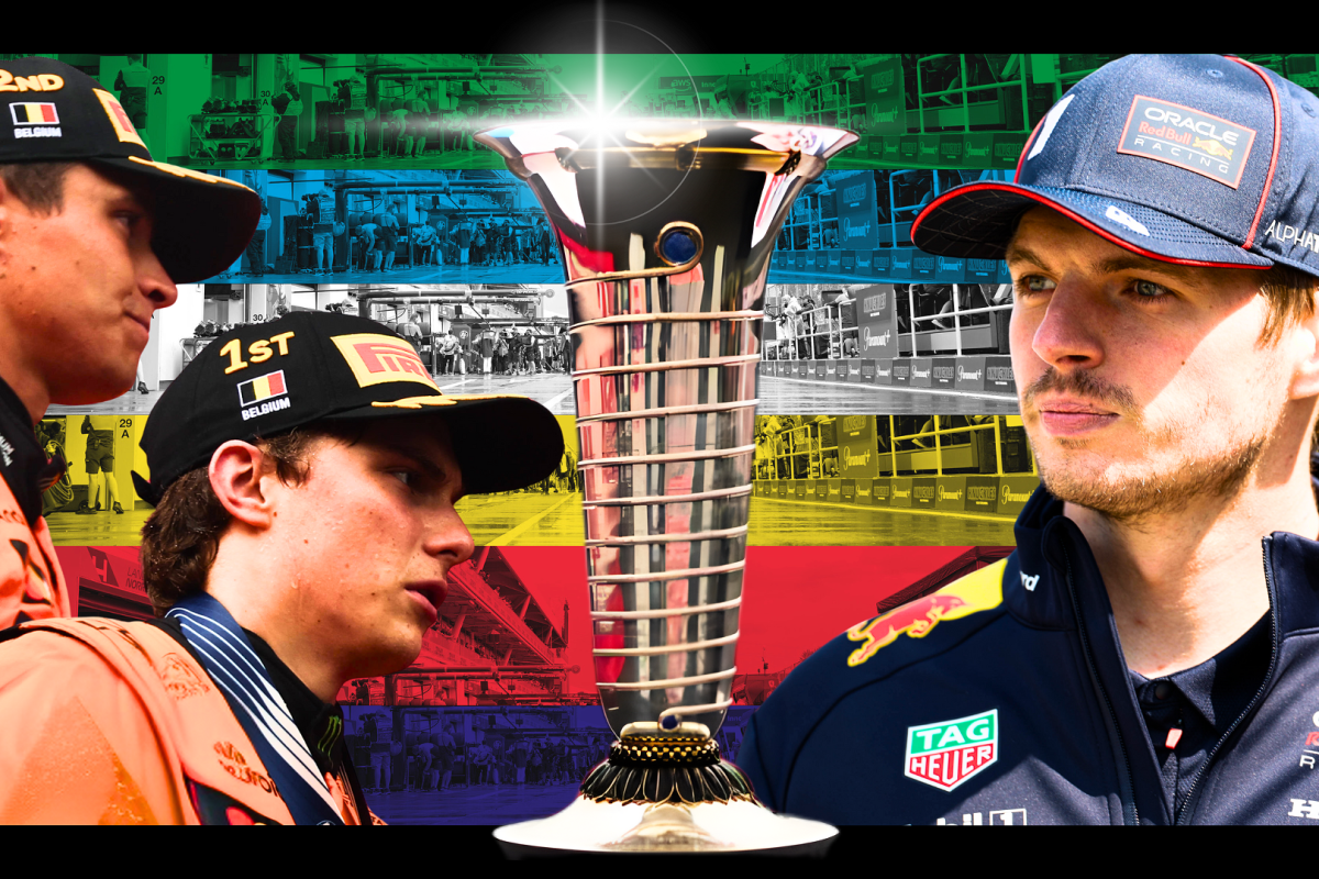 Lando Norris, Oscar Piastri and Max Verstappen look at the F1 trophy in a composite