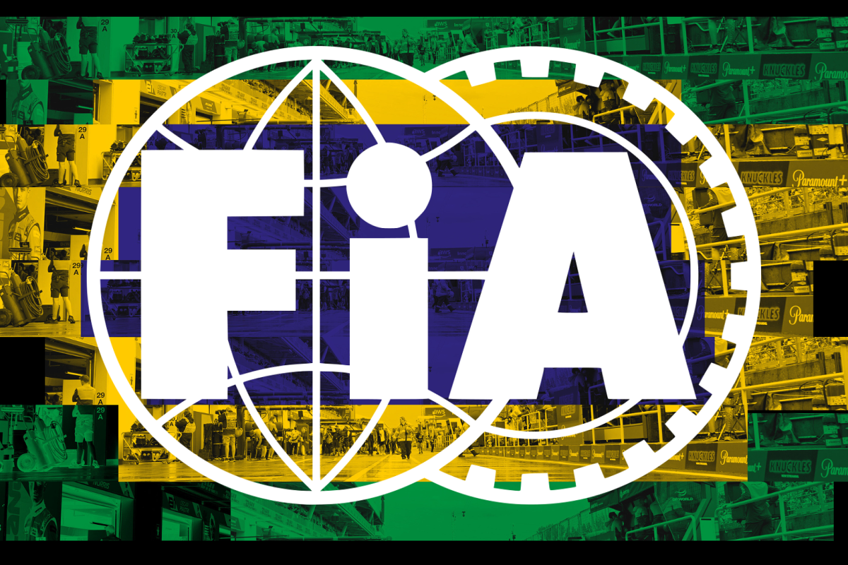 A transparent FIA logo with transparent filter edited over a Brazilian flag-themed background