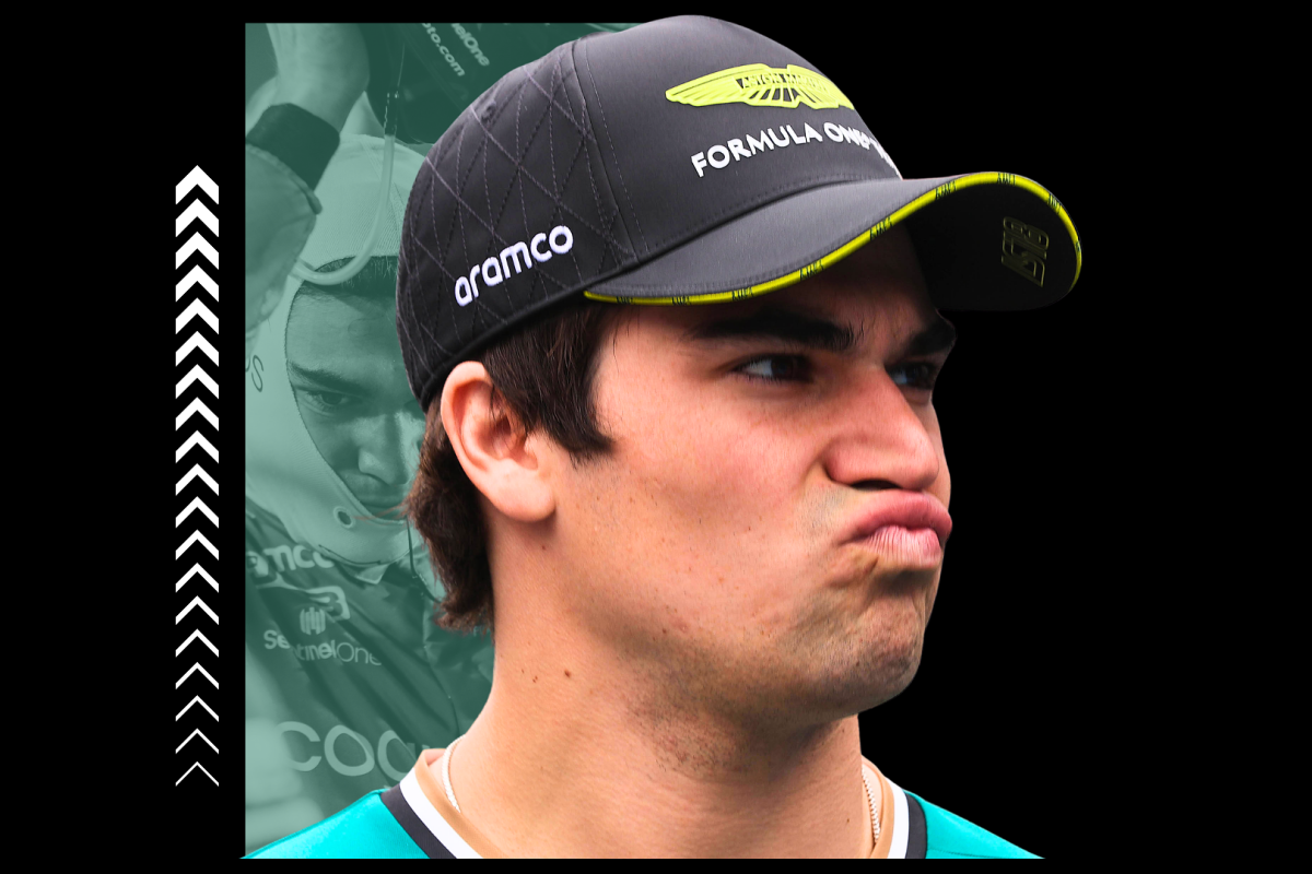 Stroll pursing his lips with Aston Martin-themed black and green background