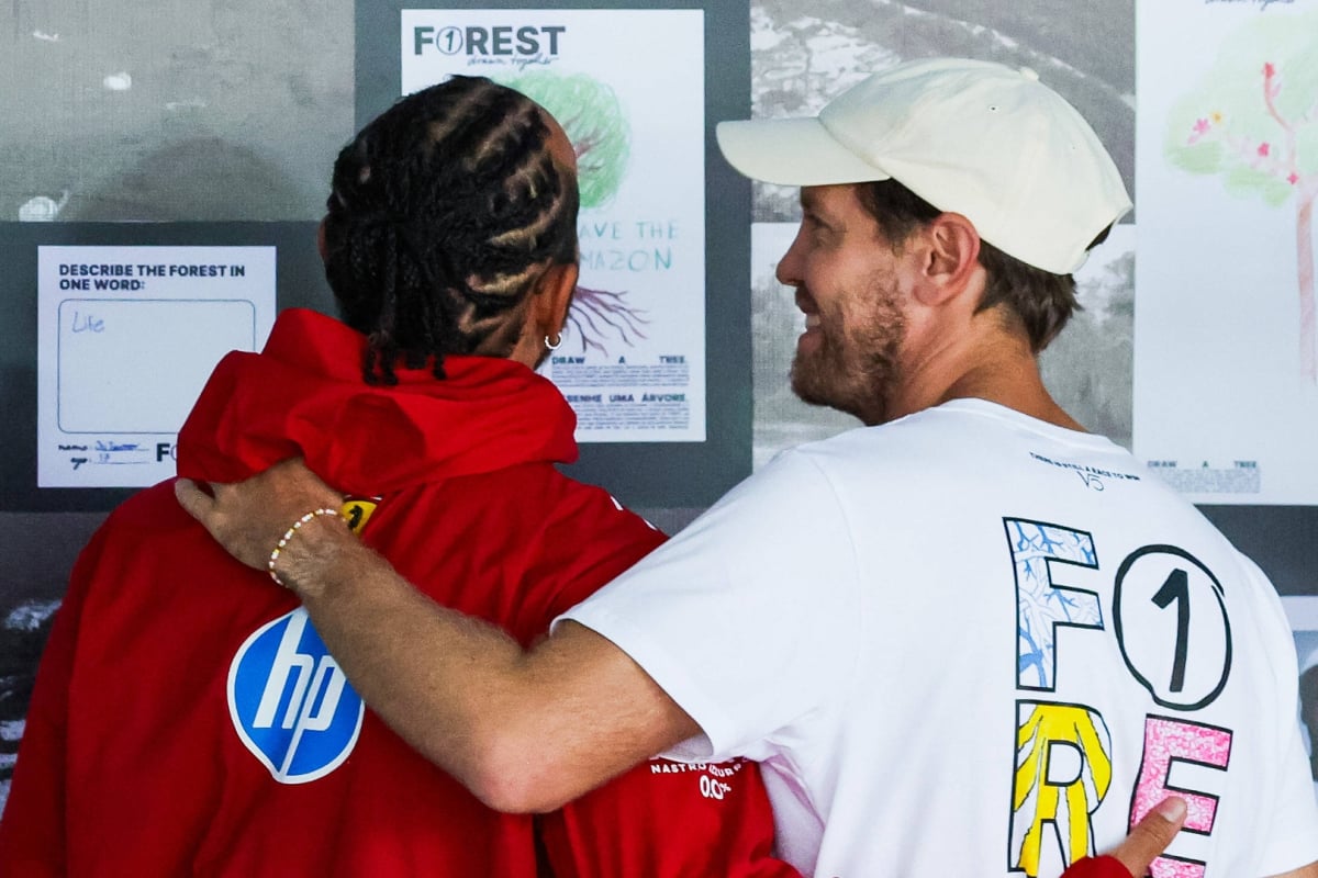 Lewis Hamilton and Sebastian Vettel stand side by side at the 2025 Brazilian Grand Prix