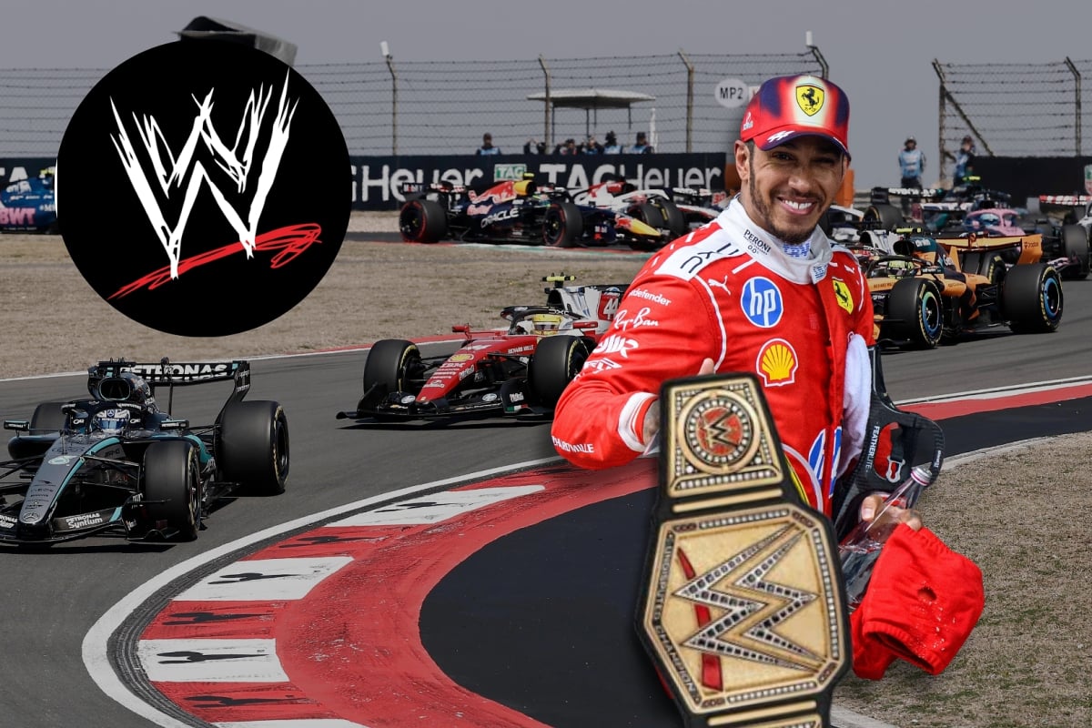 Lewis Hamilton holds a WWE world title to the backdrop of an F1 race