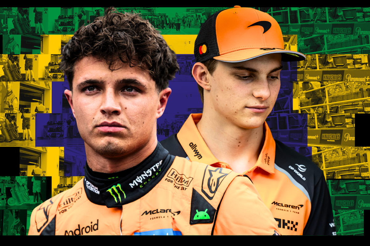 Grumpy Piastri and Norris in McLaren kit edited in front of a Brazilian flag themed-paddock background