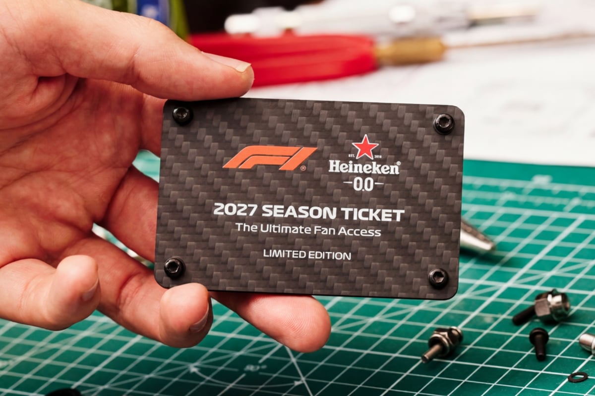 Hand holding black Heineken F1 2027 season ticket up close to camera