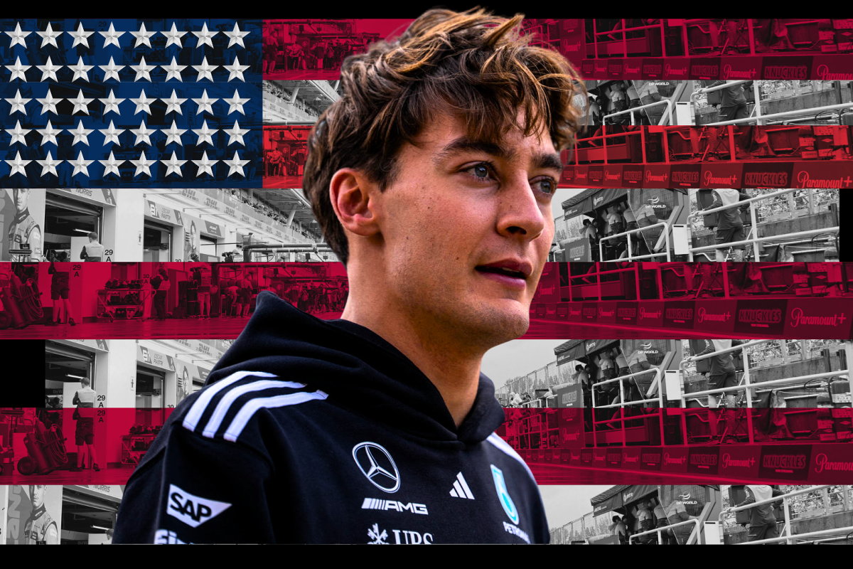 George Russell's determined profile edited over a United States flag