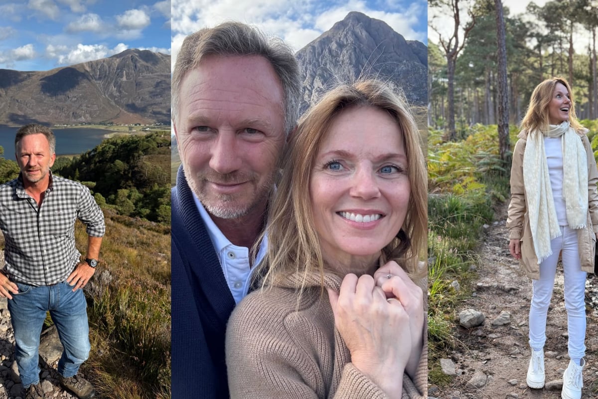 Christian Horner and wife Geri Halliwell posing in the Scottish hills via @christianhorner
