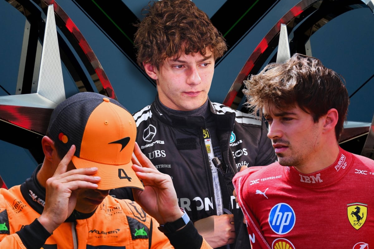 A Mercedes logo background with Norris, Antonelli and Leclerc edited in front of it