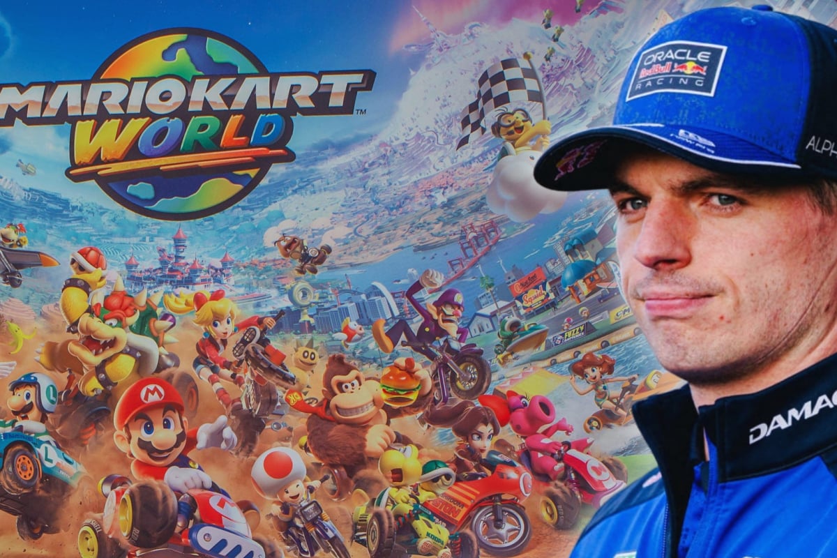Verstappen looking unimpressed in Red Bull cap and jacket looking on at a Mario Kart World background
