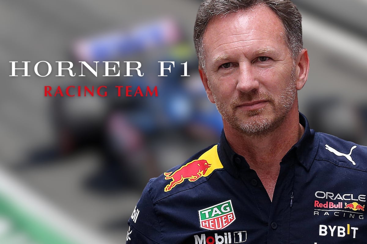 Christian Horner stands with a mocked up logo of an eponymous racing team