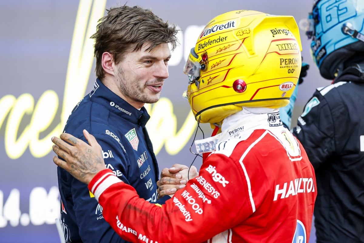 Lewis Hamilton and Max Verstappen embrace at the Barcelona GP