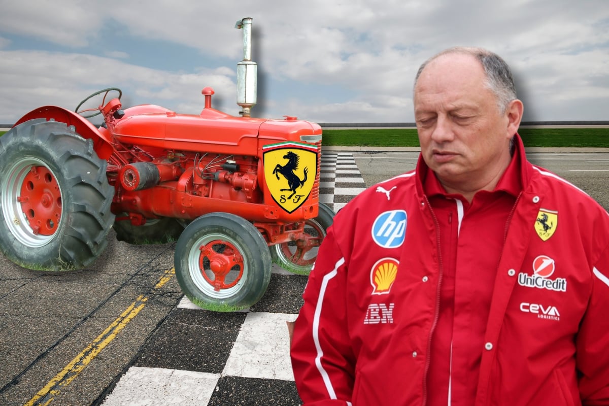 Fred Vasseur looks on at a mocked up Ferrari tractor