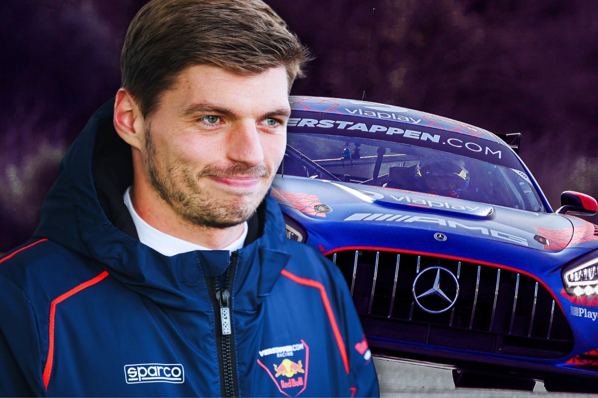 Verstappen in gt racing kit smiling in front of a Verstappen.com branded Mercedes-AMG GT3