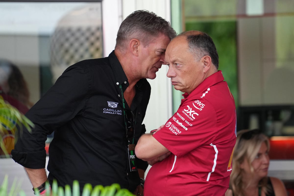 Cadillac F1 TP Graeme Lowdon in conversation with Ferrari chief Fred Vasseur