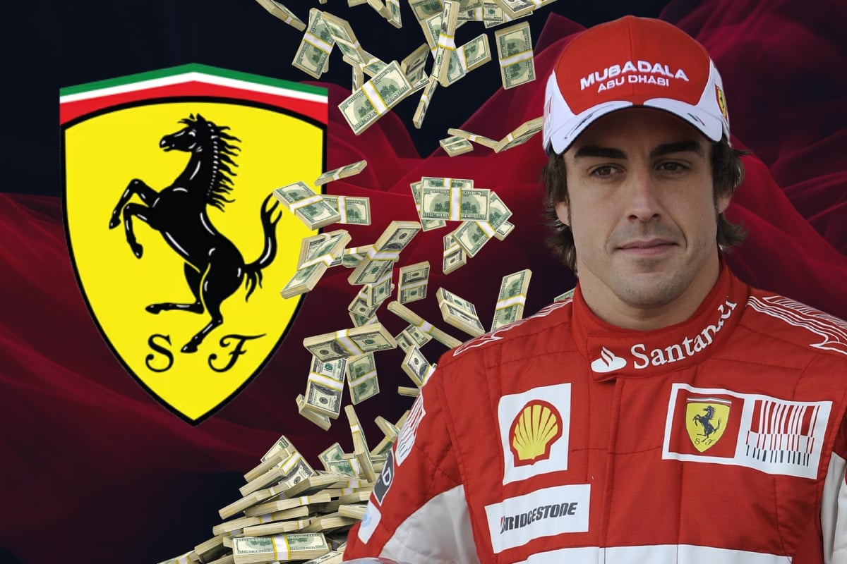 Fernando Alonso in a Ferrari race suit looks at a Ferrari logo split by falling cash
