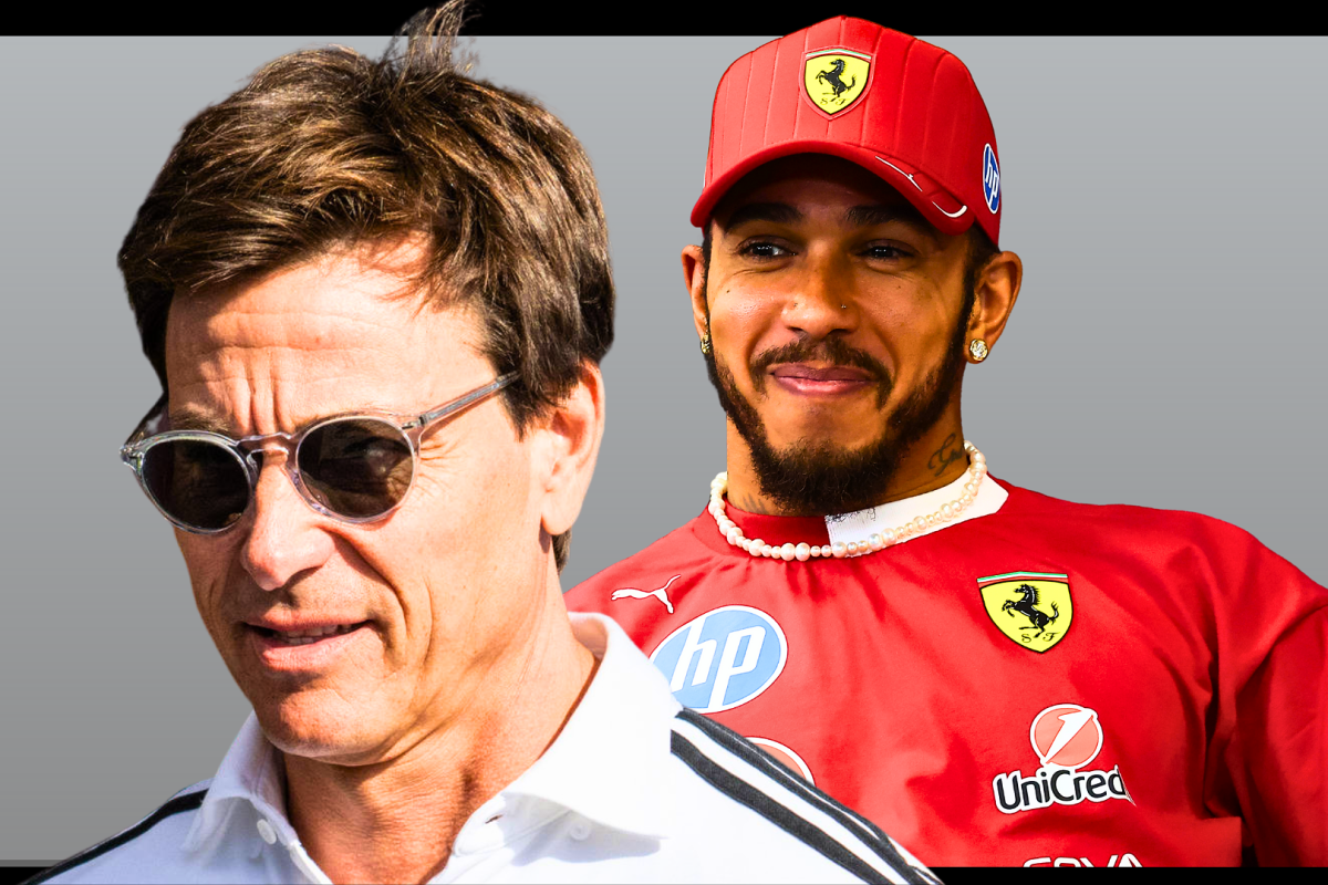 Toto Wolff is pictured in front of a smiling Lewis Hamilton in a picture composite