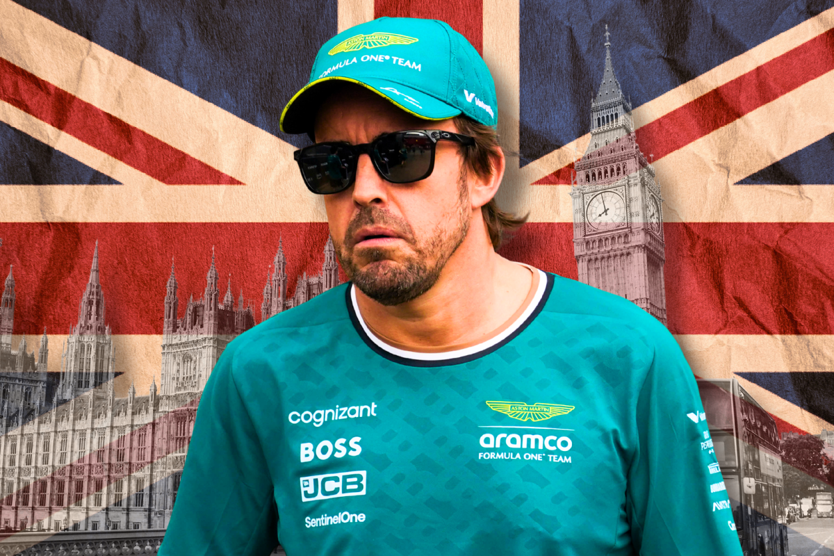 Alonso looking sad in Aston Martin kit with union jack and London background