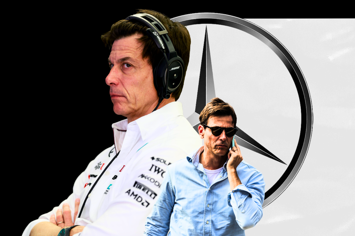 Mercedes silver logo with black background and two edited images of Wolff, one with him on the phone and another with headphones on in F1 garage looking angry