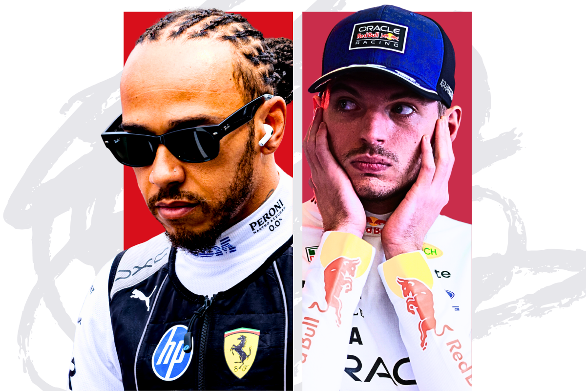An edit of Lewis Hamilton and Max Verstappen both looking annoyed