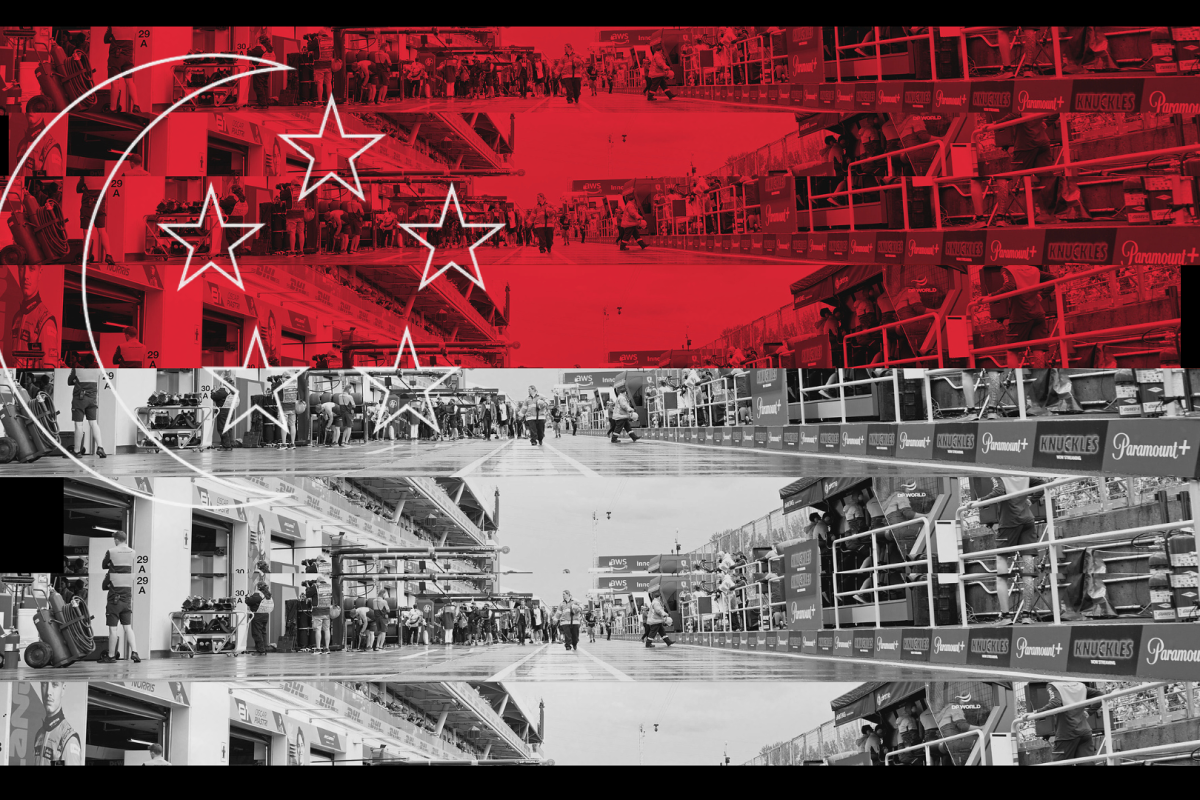 Graphic of the Singapore flag with an F1 garage overlay 