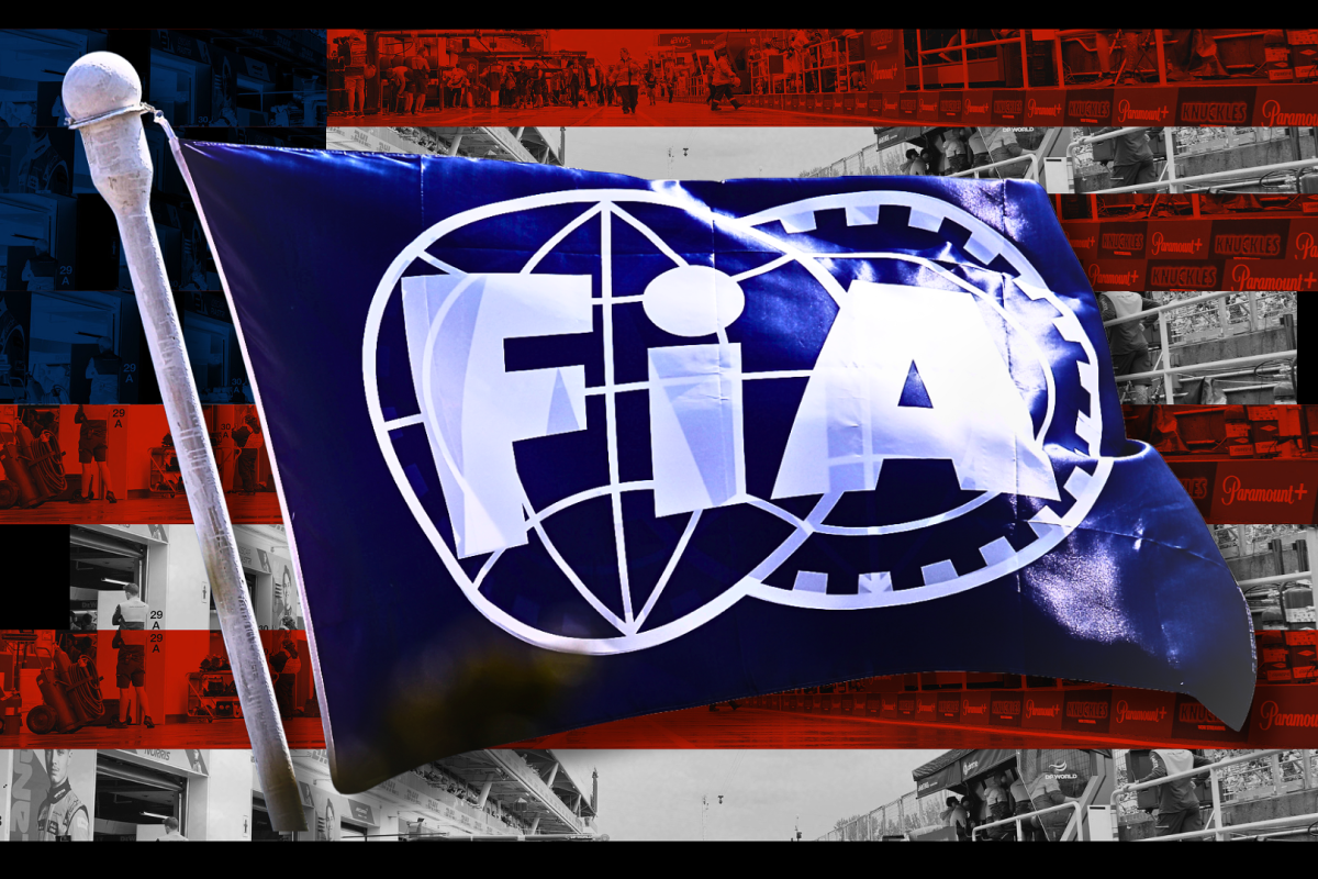 Vegas-themed background with playing cards and the US flag with the FIA flag logo edited on top