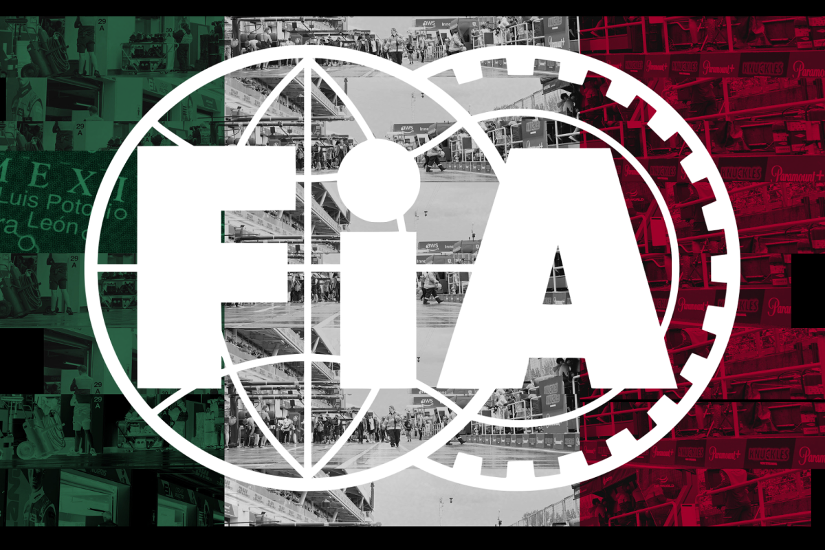 The FIA logo in white with a background of the Mexican flag colours and black and white paddock details
