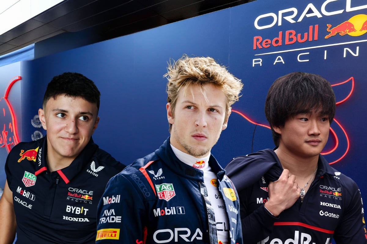 An edit of Isack Hadjar, Liam Lawson and Yuki Tsunoda with a Red Bull logo in the background