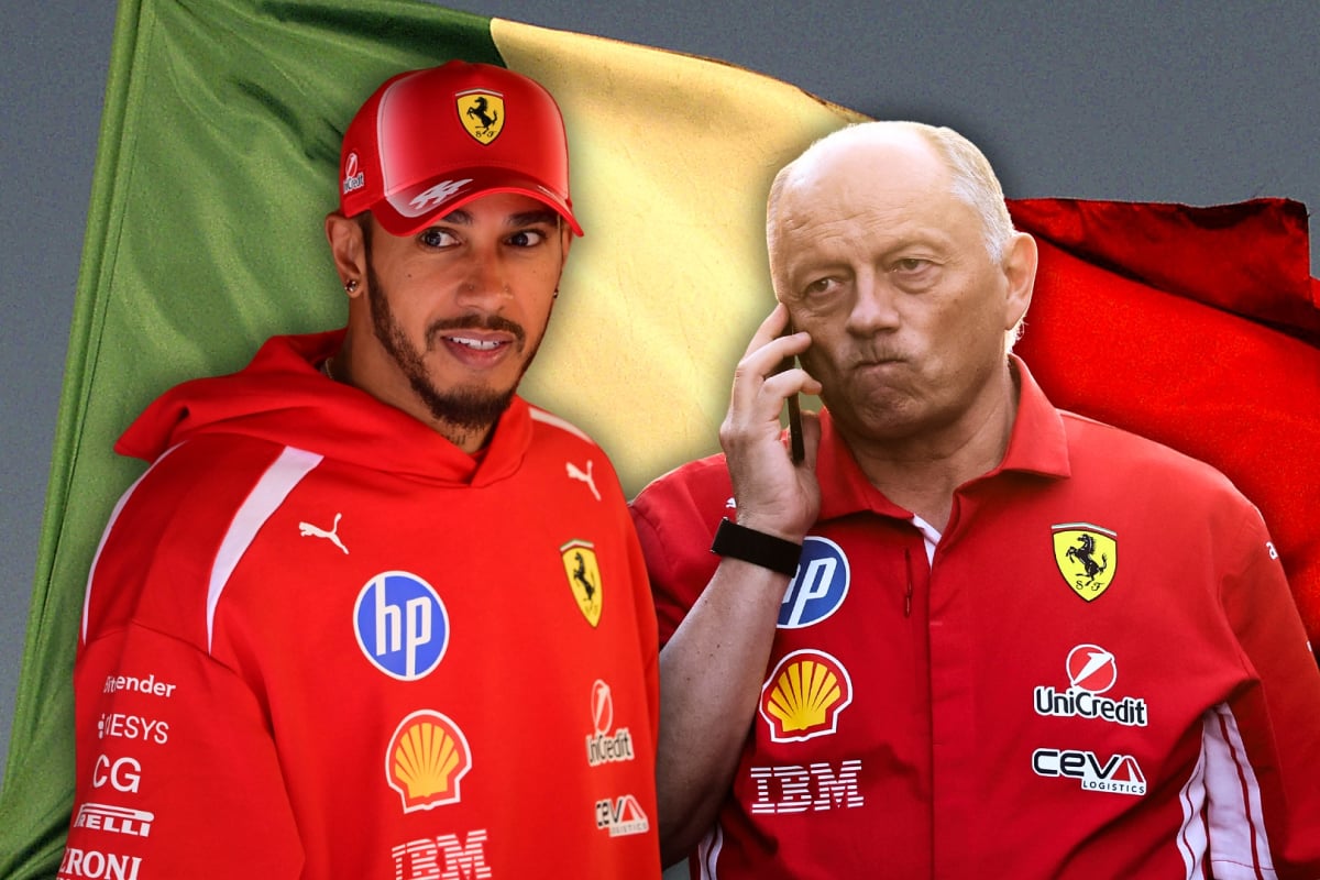 Hamilton in red Ferrari hoodie and cap with unsure expression on his face, Vasseur looking annoyed on the phone next to him in red Ferrari shirt with Italian flag background