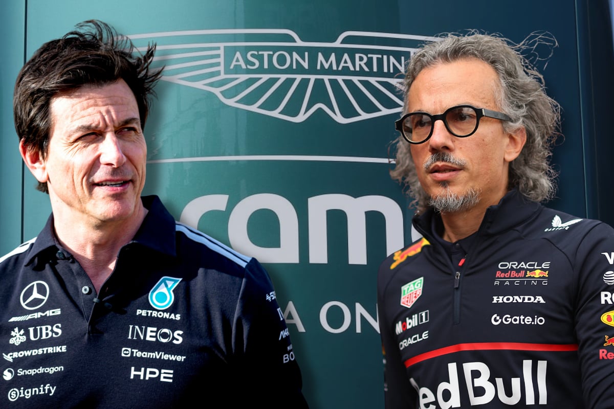 Toto Wolff and Laurent Mekies look at an Aston Martin logo in a composite
