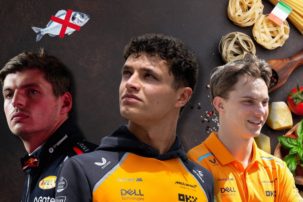 An edit of Max Verstappen, Lando Norris and Oscar Piastri with a background of chef like food and a graphic of a fish with a cross over it