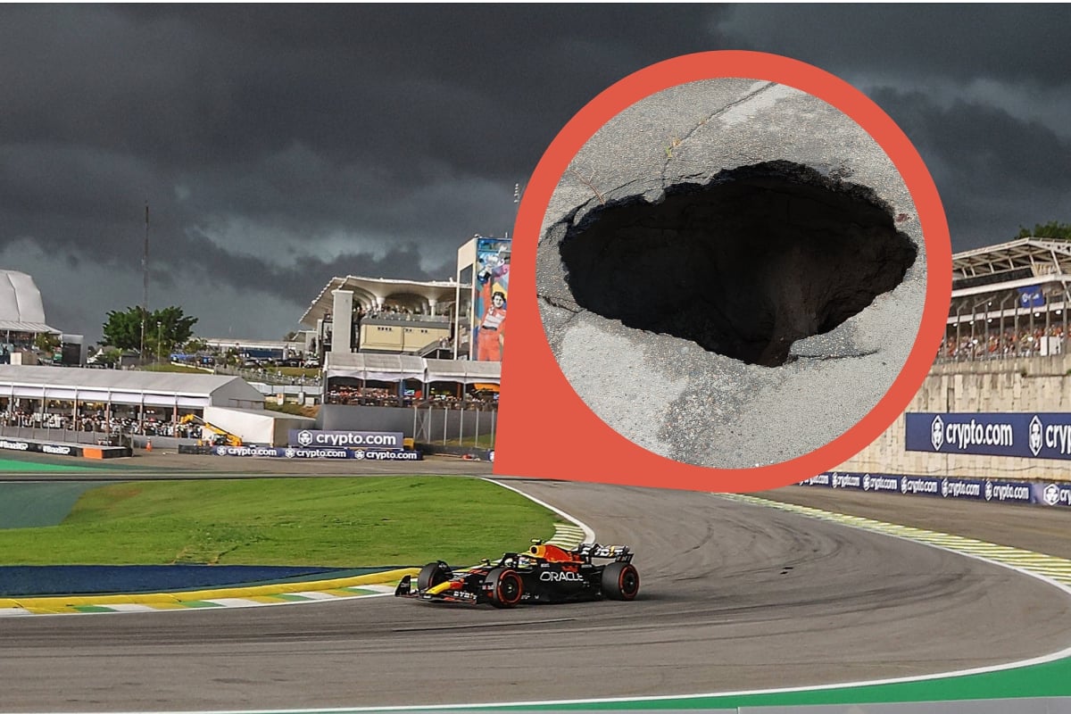 The Brazilian Grand Prix track is shown with a stock image of a sinkhold